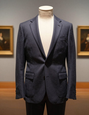 Men's suit on a mannequin in an exhibition hall.