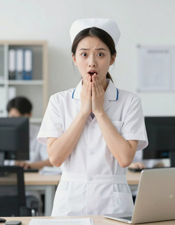 Nurse looking surprised at the camera in the office. Asian people