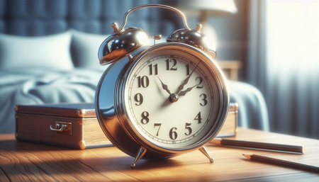 Alarm clock on wooden table in bedroom. Time concept. 3D Rendering