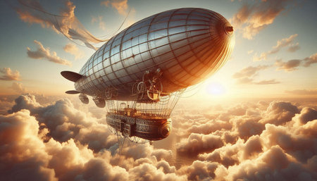 Airship in the clouds. 3d illustration. Vintage style.の写真素材
