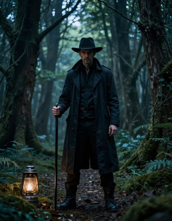 Mysterious man with a lantern in the forest. Halloween theme.