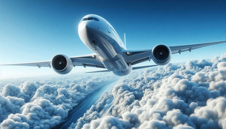 Commercial airplane flying in the blue sky with clouds. 3d rendering