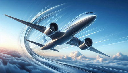 airplane flying in the blue sky. 3d render and illustration