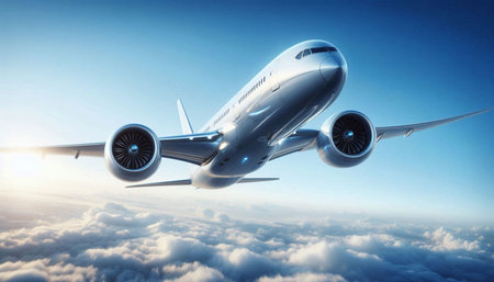 Commercial airplane flying in the sky. 3D rendering. Mock up.