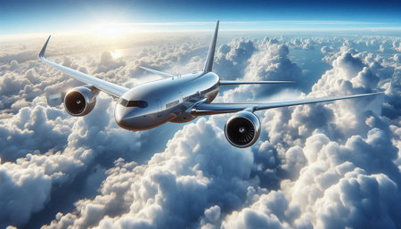 Commercial airplane flying above clouds. 3d render illustration with clipping path