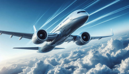 Airplane flying high in the blue sky. 3d rendering.
