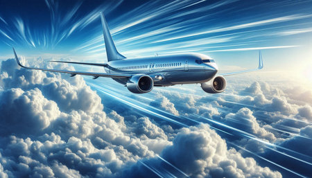 Airplane flying in the clouds. 3d illustration. Travel concept