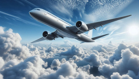 Commercial airplane flying in the sky. 3d render. Business travel concept.