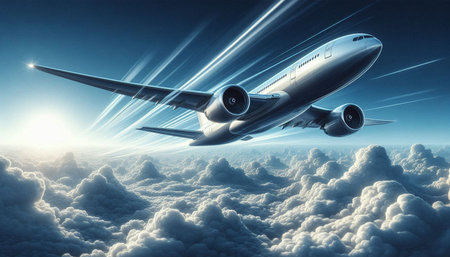 Airplane flying in the clouds. 3d render illustration with clipping path