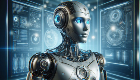 Humanoid robot cyborg 3D rendering on blue background with HUD