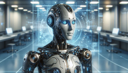 3d rendering humanoid robot working in modern office with circuit board interfaceの写真素材