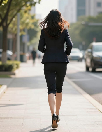 Young business woman walking in the city. Back view. Copy space.