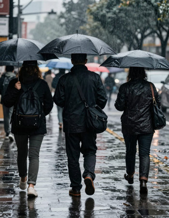 Back view of a group of people walking on the street under rain