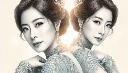 Portrait of a beautiful asian woman in elegant dress. Beauty, fashion.