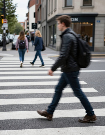 Blurred image of people walking on zebra crossing in a cityの写真素材