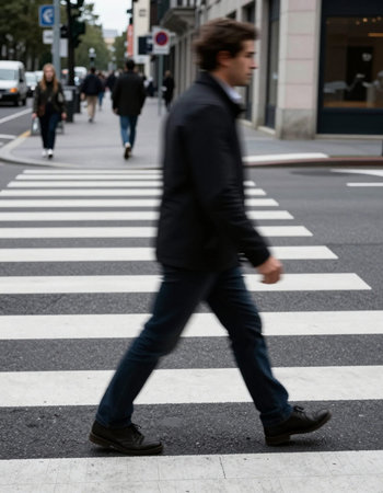 Businessman walking on zebra crossing in the city, motion blur