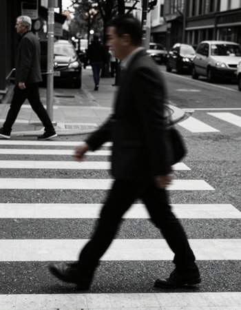 Businessman walking on zebra crossing in Hong Kong, China.