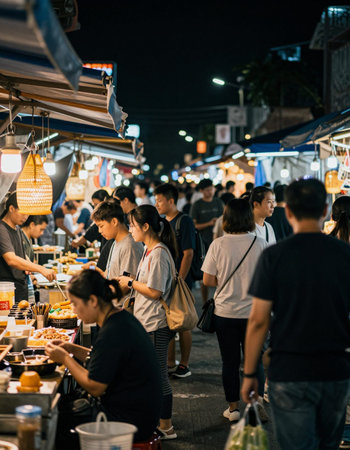 Unidentified Thai people walking and shopping at the night market.