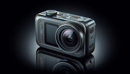 Digital camera on a black background. 3d rendering. Computer digital drawing.