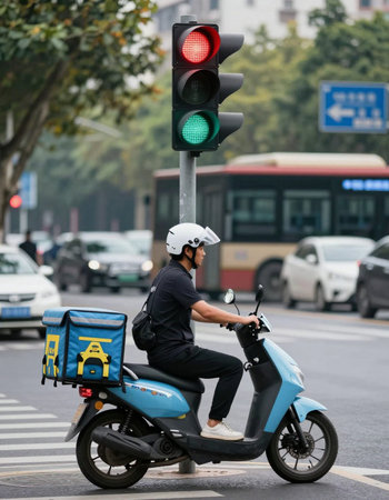 Unidentified man driving a scooter in the city.