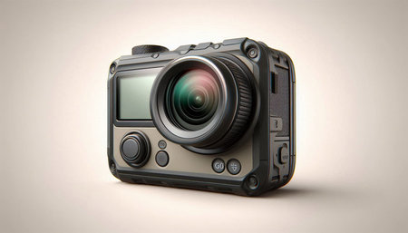 Digital camera on a gray background. 3d rendering, 3d illustration.
