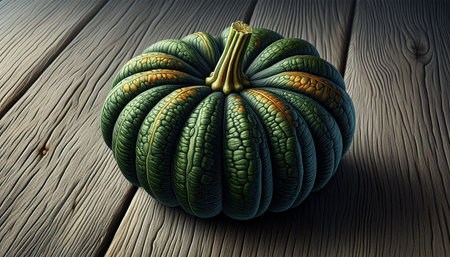 3d rendering of a green pumpkin on a rustic wooden backgroundの写真素材