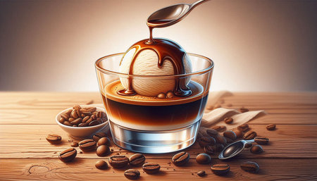 Coffee ice cream in a glass with coffee beans and spoon