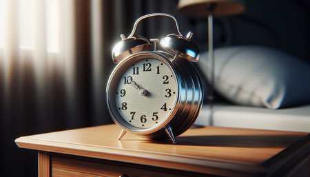 Retro alarm clock on the bedside table. 3d rendering