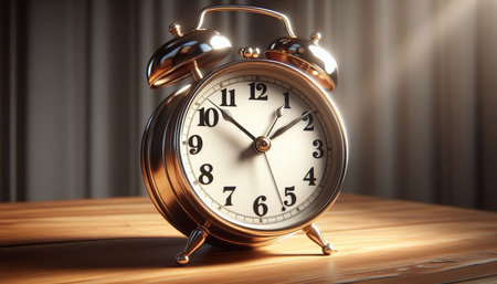 Alarm clock on wooden table. Time concept. 3D Rendering