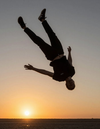 Young man dancing breakdance against the backdrop of the setting sun