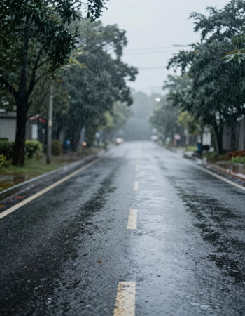 Rain on the road in the rainy season. Selective focus.