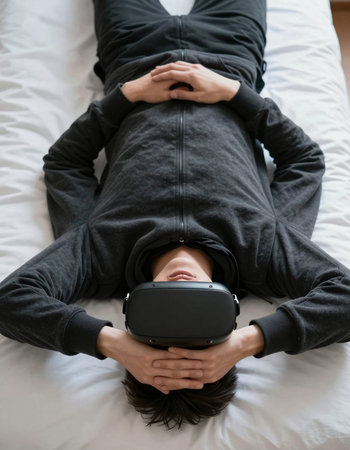 Young man wearing virtual reality headset while lying on the bed at home
