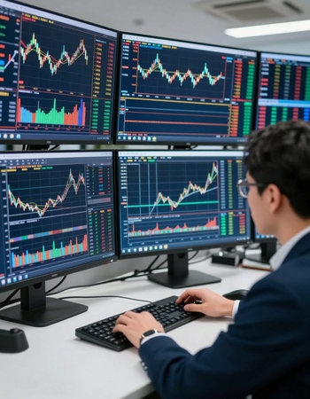 Businessman analyzing financial data on computer monitors. Stock market or forex trading concept
