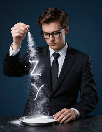 Businessman sprinkling white powder on a plate with zodiac signsの写真素材