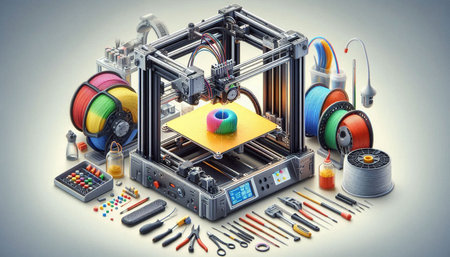 3d rendering of a 3d printer with different tools on a gray background