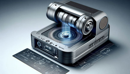 Digital illustration of a video camera in digital background. 3d rendering