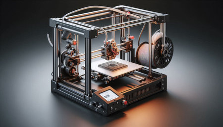 3d rendering of a 3d printer on a black background.