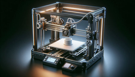 3d rendering of a 3d printer isolated in black studio background