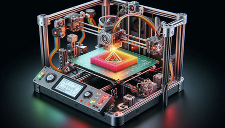 3d rendering of a 3d printer printing a cube on a black background