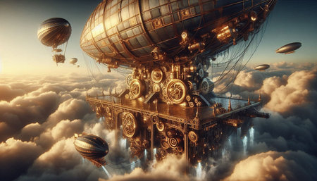 Airship flying above the clouds. 3d illustration. Fantasy.の写真素材