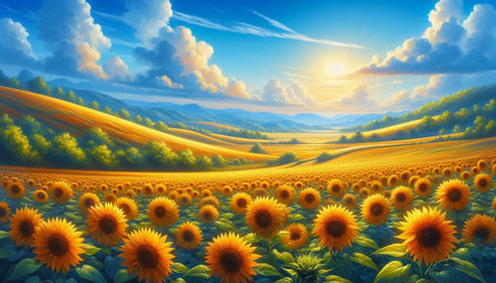Sunflower field in the mountains at sunset. 3d render.の写真素材