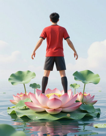 Man in red t-shirt and shorts standing on lotus flowerの写真素材