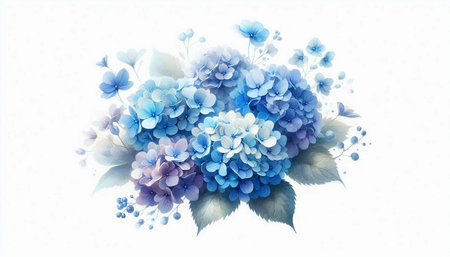 Watercolor blue hydrangea flowers on white background. Vector illustration.