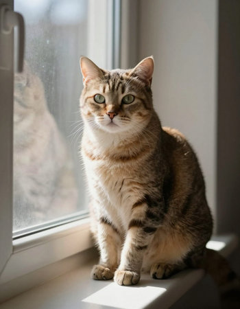 Cute tabby cat sitting on the windowsill and looking out the window