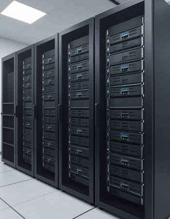 network server room data center with rows of hard drives 3d render