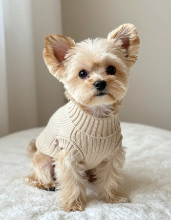 Yorkshire Terrier in a warm sweater on a white background.