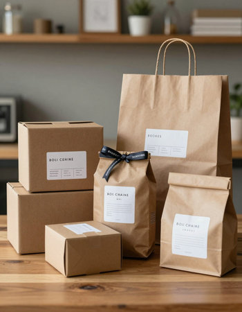 Shopping bag and parcels on the table in the modern kitchen.