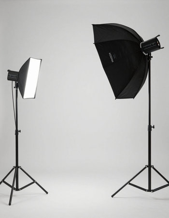 Photo studio equipment with softbox, flash and umbrella on gray background