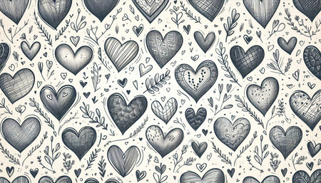 Seamless pattern with hand drawn hearts and floral elements. Vector illustration.