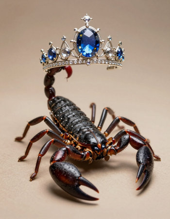 Black scorpion with a diadem and blue gems on a beige background